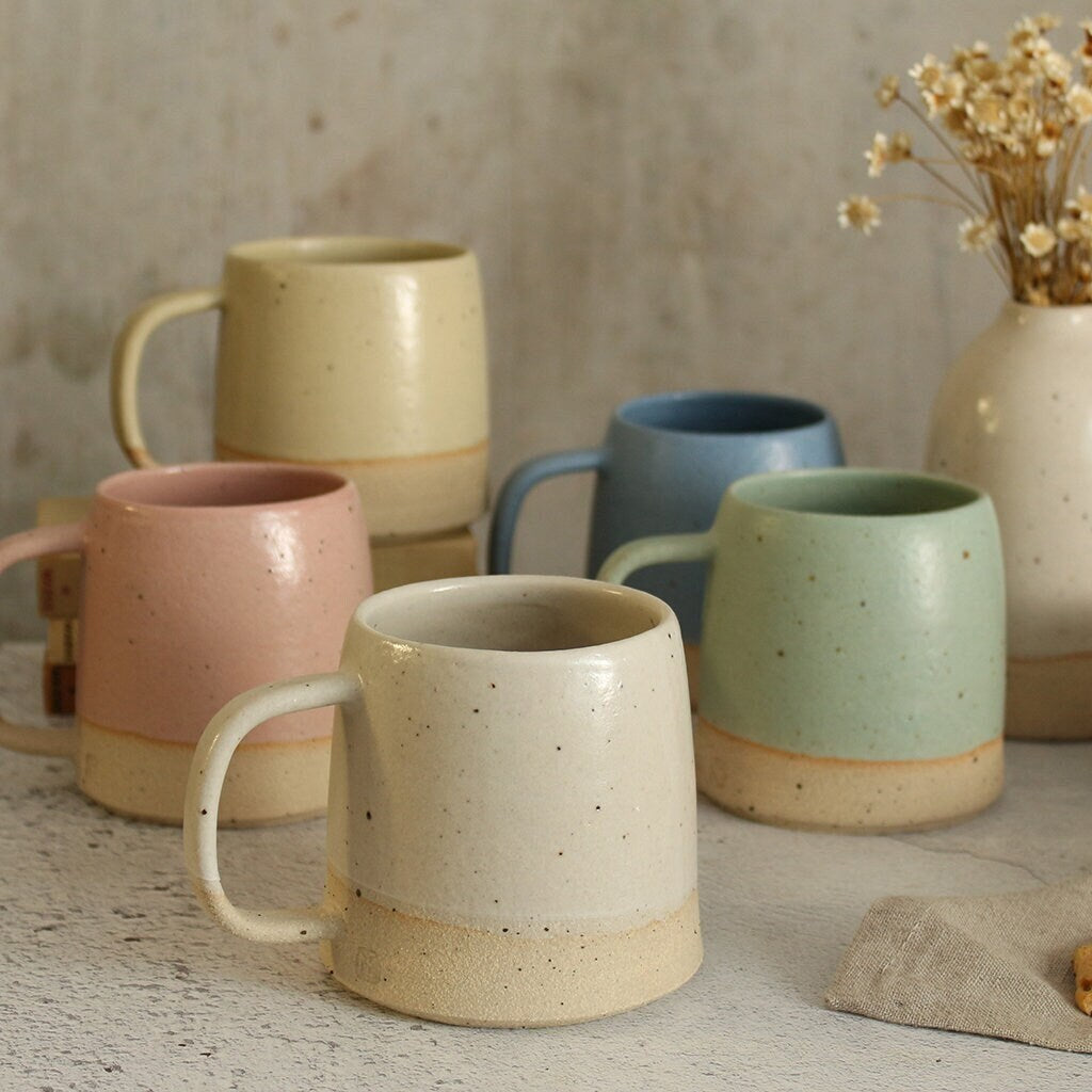 Ceramic Mug in White, Yellow, Pink, Blue and Green