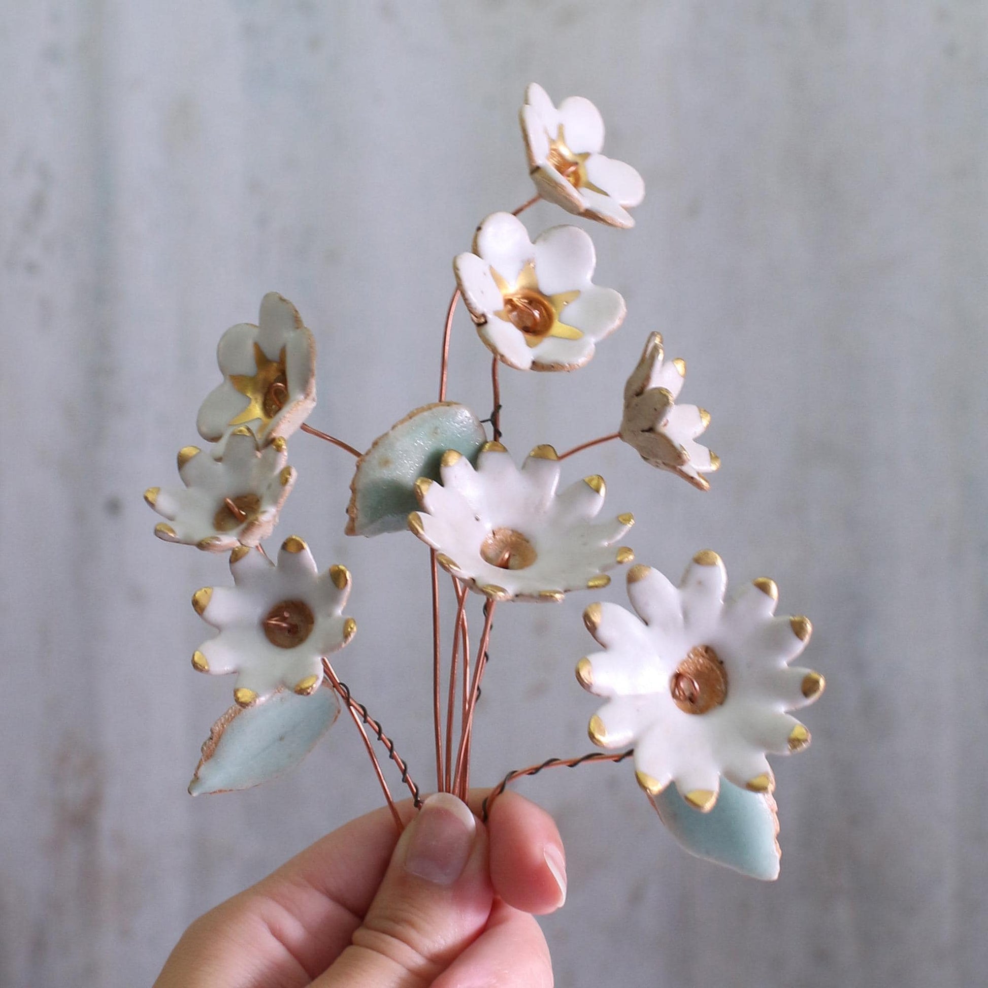 White and Gold Ceramic Flower Bouquet Large