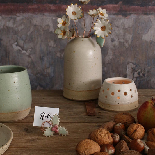 Handmade Ceramic Holly Decoration - Christmas Napkin Ring & Table Ornament